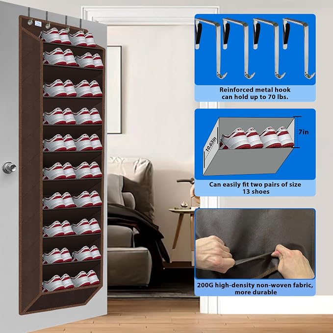 Over the Door Shoe Organizer, 20 to 30 Pairs Hanging Shoe Holder, Heavy Duty Extra Deep Pockets Shoe Storage for Closet, Anti-Scratch Hooks & FSC-Certified Bamboo - Coffee - Image 6