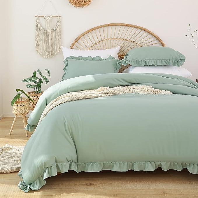 JANZAA Twin Comforter Set Sage Green Comforter Set 2PCS Ruffled and 1 Pillow Case Fluffy Vintage Farmhouse Shabby Chic Bedding Soft All Season