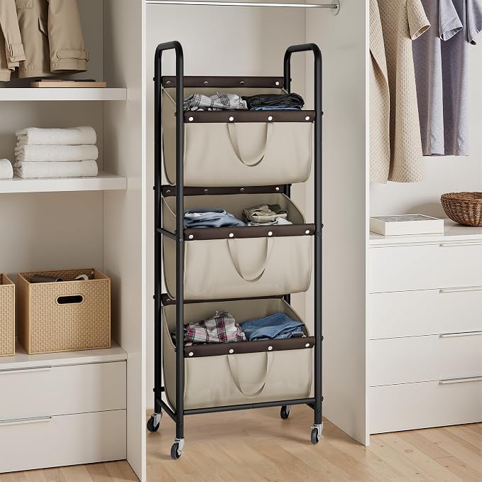 GRANNY SAYS 3 Tier Laundry Sorter, Laundry Basket with Wheels, Laundry Room Organization and Storage, 3 Section Rolling Laundry Cart for Dorm, Bathroom, Bedroom, Closet, Light Khaki - Image 8