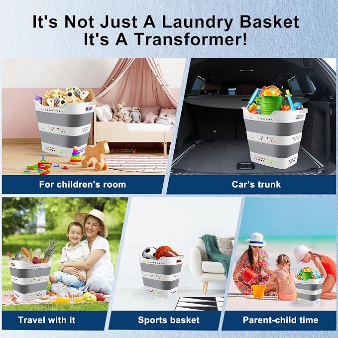 Collapsible Laundry Baskets Foldable Pop Up Laundry Hamper Plastic with Comfort Handles Folding Laundry Basket Space Saving Portable Dirty Clothes Hamper Storage Container/Organizer (Grey, 2 Packs) - Image 6