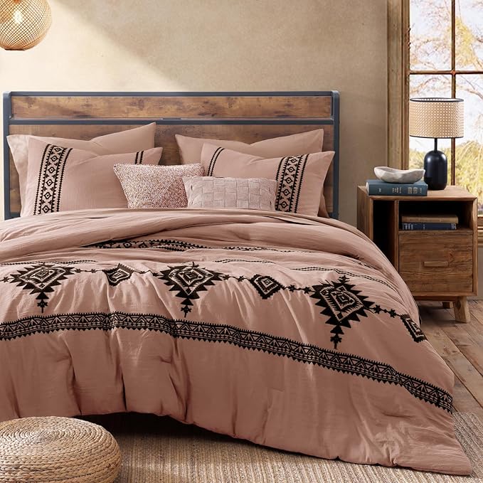 MaiRêve Embroidery Comforter Set, Boho Farmhouse Western Bedding Set, All Season Bed in A Bag Comforter Set with Sheets, Pillowcases & Shams, Dusty Pink Queen 7 Pieces
