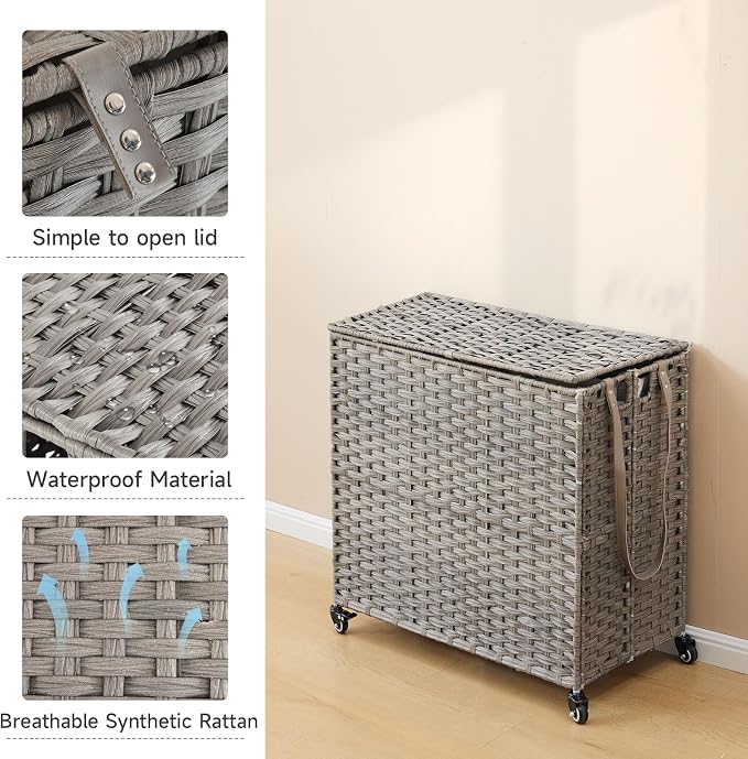 Laundry Hamper with Wheels, 39.6 Gallon(150L) Rolling Laundry Basket with Lid, 3-Section Rattan Clothes Hamper with 3 Removable Liner & 3 Mesh Bags, Laundry Sorter with Side Pocket, Grey - Image 8