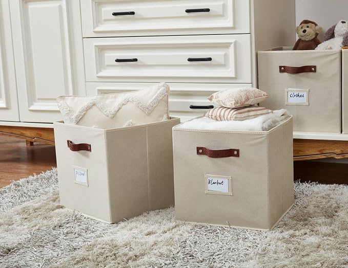 DECOMOMO Storage Bins, Cube Storage Bin with Labels, Fabric Storage Cubes for Shelves (10.5" x 11" / 2pcs, Beige) - Image 9