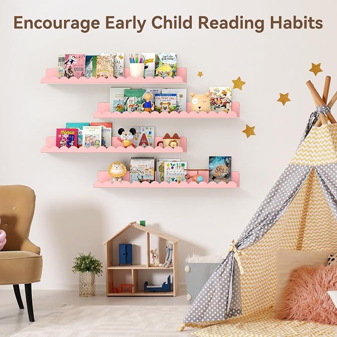 Floating Shelves for Wall, 23 Inch Metal Nursery Book Shelves 4 Pack, Wall Mounted Book Shelf for Kids Room, Bedroom, Bathroom, Playroom Decor (Pink) - Image 7