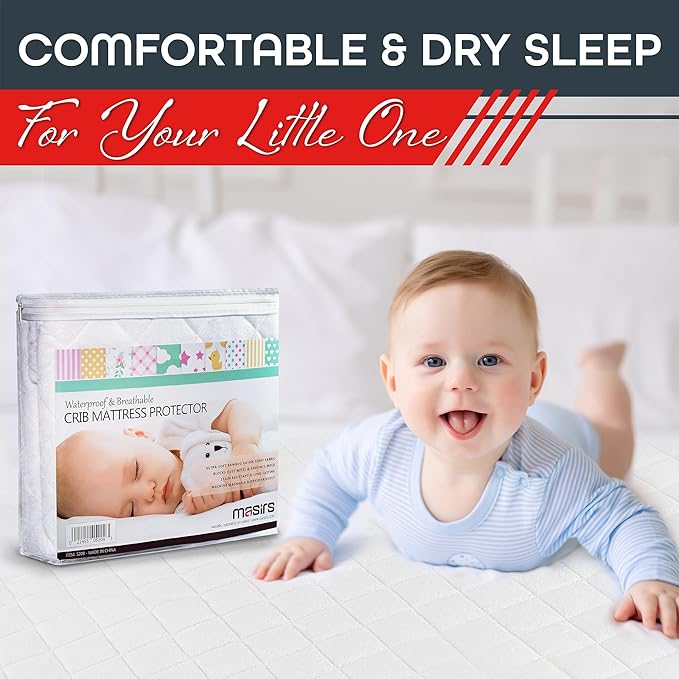 Masirs Crib Mattress Protector Cover - Comfortable, Breathable and Waterproof Material. Keep The Crib Mattress Clean and Protected and Give Your Baby a Cozy Restful Sleep. Machine and Dryer Friendly.