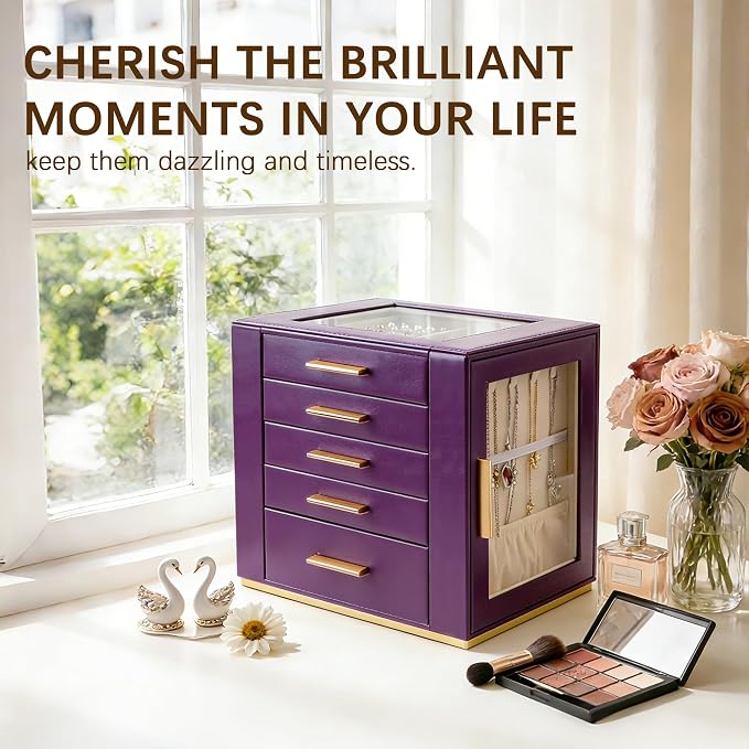 Homeanda Jewelry Box for Women with Glass Lid, 5 Drawers Jewelry Organizer and Storage for Necklaces, Rings, Earrings, Bracelets, Gift for Girls and Teens,PU Leather (Purple) - Image 7