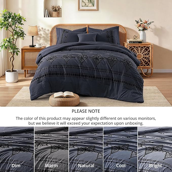MaiRêve Full Size Comforter Set Crown Blue, Embroidery Floral Western Boho Bedding Set, All Season 7 Pieces Bed in a Bag with Sheets, Pillowcases & Shams