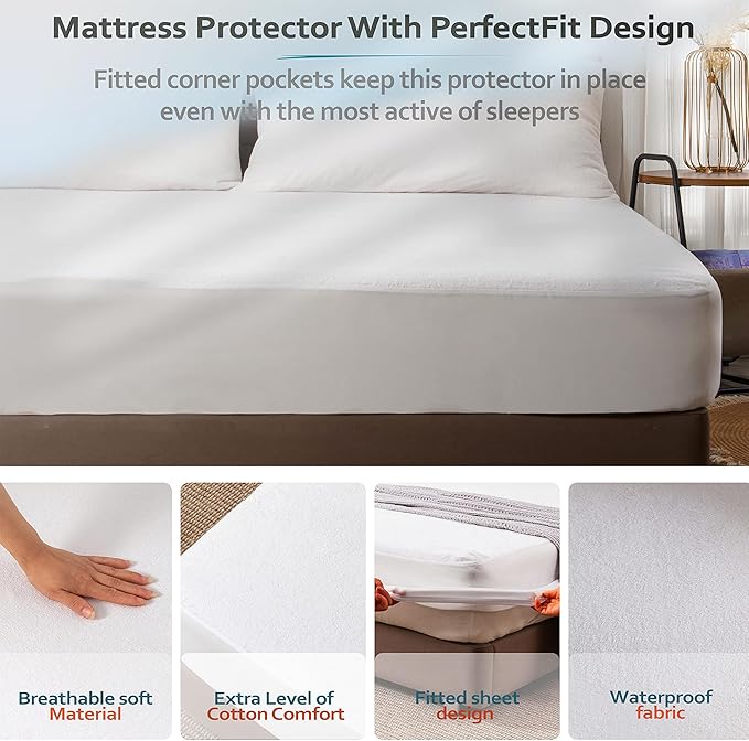 PlushDeluxe California King Mattress Protector, Breathable Soft Terry Cotton Fitted Sheet Bed Cover with Deep Stretchable Pockets, 100% Waterproof, Noiseless, Hypoallergenic, Mite Proof, 72"x84"x15"