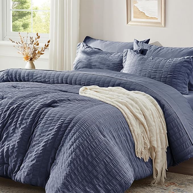 Zzlpp Twin Bedding Set 5 Pieces, Greyish Blue Seersucker, All Season Comforter Set with 1 Comforter, 1 Pillow Sham, 1 Pillowcase, 1 Flat Sheet, 1 Fitted Sheet