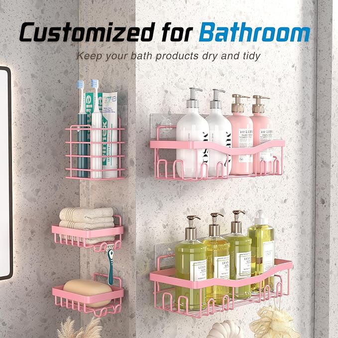 Youvip Adhesive Shower Caddy, No Drilling Bath Organizers 5 Pack, Rustproof Shelves with Soap Holder & Toothbrush Holder, Pink Bathroom Accessories Decor Set - Image 9