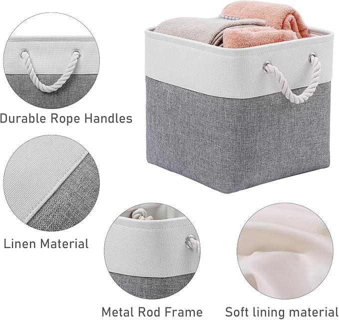 MidmmVick 13 x 13 Inch Cube Storage Bins, 6 Pack Extra Large Collapsible Fabric Storage Bin with Ropes, Foldable Storage Cubes for Home (White & Grey-13"x13"x13") - Image 6