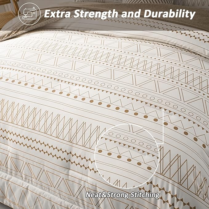 WONGS BEDDING 7 Pieces Khaki Comforter Set Boho Bed in a Bag King Size,Geometric Striped Comforter Reversible Soft Microfiber Bedding Set with Pillowcases,Flat Sheet,Fitted Sheet,Pillow Shams