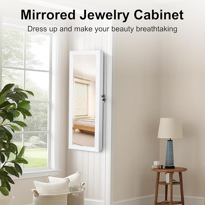 Mirror Jewelry Cabinet, Wall/Door Mounted Jewelry Armoire with Full-Length Mirror, Hanging Jewelry Organizer with LED Interior Lights, White - Image 8