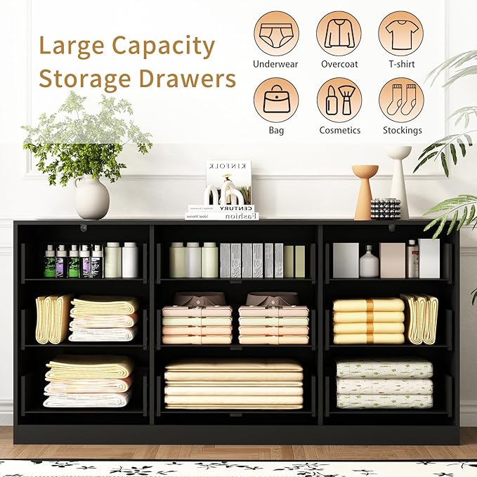 9 Drawer Dresser and Nightstand Sets for Bedroom, 3 Pcs Bedroom Set,Night Stand Set of 2 & 9 Drawer Dresser with Gold Handles, Modern Wood Chest of Drawers Storage Cabinet Set, Black