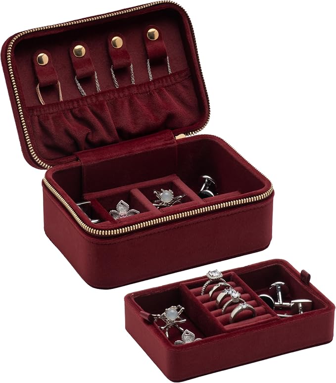 Velvet Travel Jewelry Organizer Box with Zipper Around,Portable Accessory Display Tray Holder Storage Case for Multiple Earrings Rings Necklaces Bracelets (Red) - Image 8