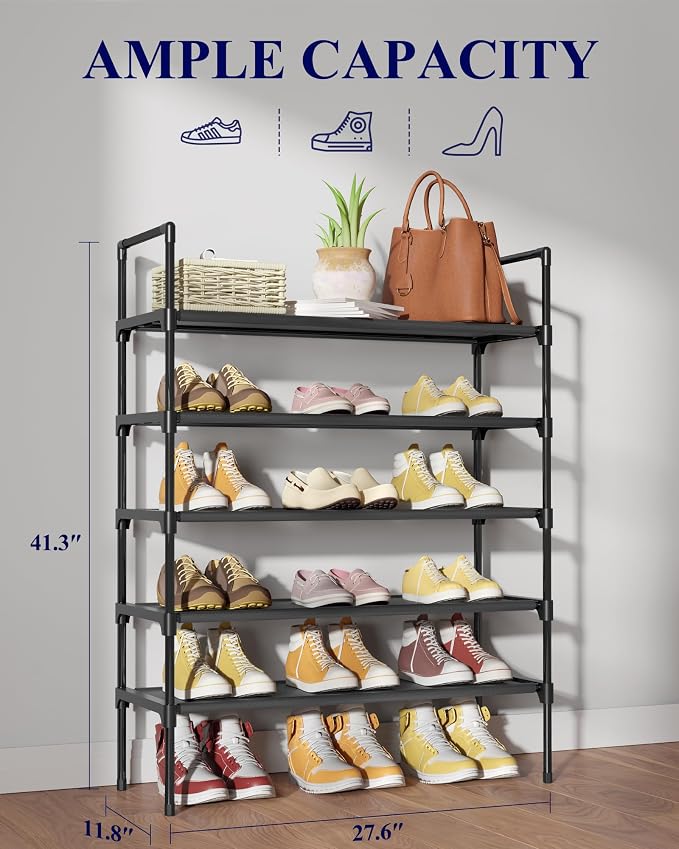 Kitsure Shoe Rack - 5-Tier Shoe Organizer, Shoe Rack for Closet, Entryway, Bedroom, Easy- Assembly Storage Shelf with Side Handles, 27.6" Wide - 5 Tiers, Black - Image 2