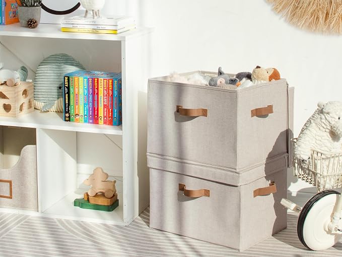 StorageWorks Fabric Storage Bins with Lid, Decorative Storage Boxes for Shelves, Stackable Closet Organizer Basket with Handles, Jumbo, Brown and Beige, 2-Pack - Image 7