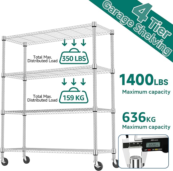 M MZG 1400LBS 47.2" W 4 Tiers Storage Shelves Metal Shelving Unit with Wheels Heavy Duty Garage Shelving Adjustable Wire Shelves for Pantry,Kitchen,Garage,Basement,Chrome 17.7" D x 47.2" W x 62.6" H - Image 9