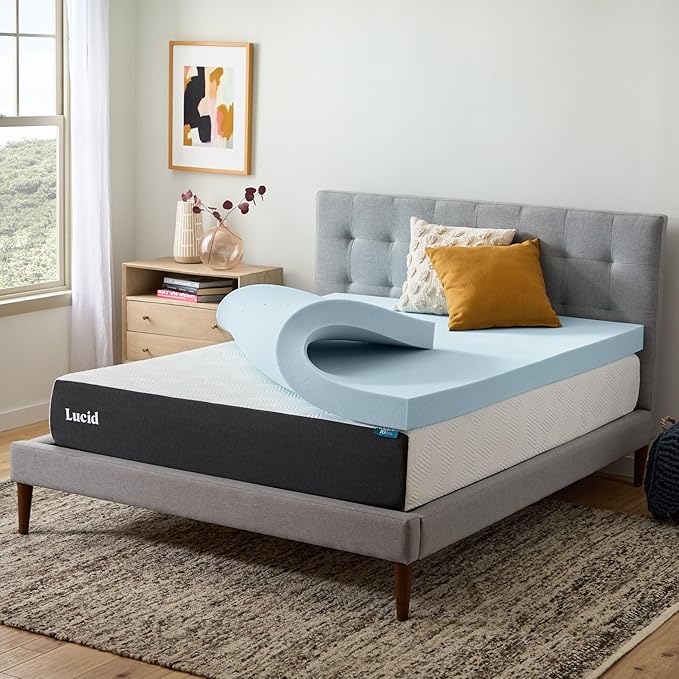 Lucid 4 Inch Memory Foam Mattress Topper, Full Size – Cooling Gel Bed Topper – Preassure-Relieving Ultra Plush Feel – Ventilated Breathable Design – CertiPur Certified - Dorm Room Essentials