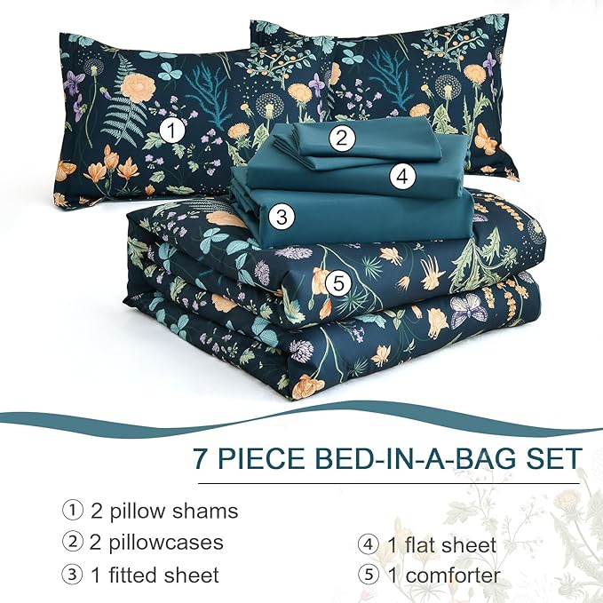 Yiran King Size Comforter Set 7 Pieces, Peacock Blue Botanical Floral Winter Comforter Bedding Set, Bed in a Bag King, Soft Microfiber Complete Bedding Set with Sheets for All Season