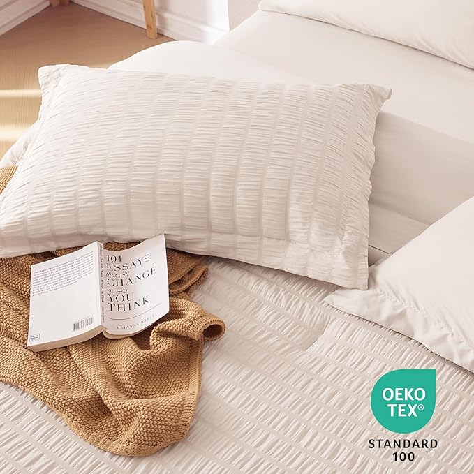 MUXHOMO 7 Pieces Full Comforter Set, Seersucker Bed in a Bag Full Size, All Season Luxury Bedding Set with Comforter, Flat Sheet, Fitted Sheet, Pillowcases & Shams, Beige