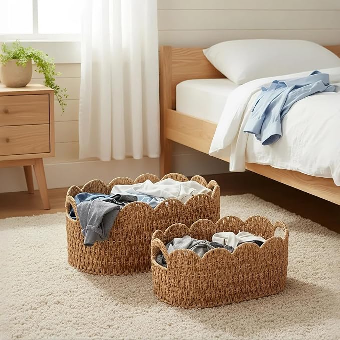 Coeusy Paper Rope Scalloped Basket Set of 2,Woven Storage Baskets for Shelves,Laundry,Towels,Clothes,Books,Toys,Cute Decor Baskets for Organizing,Natural Color - Image 8