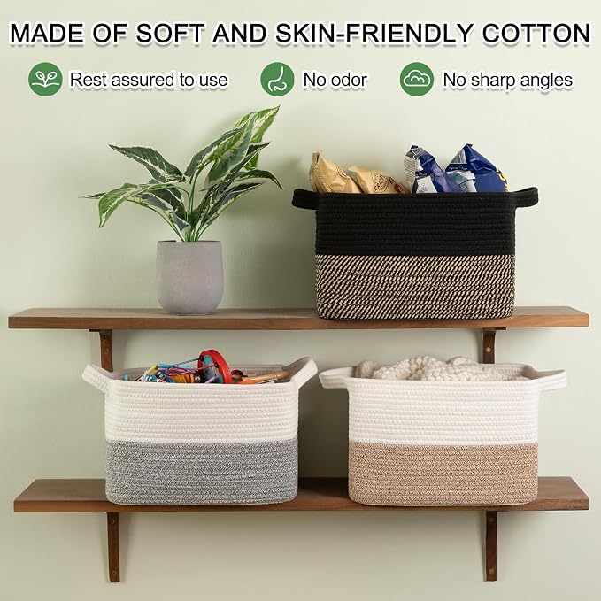 OIAHOMY Woven Storage Basket for Shelves, Rectangle Cotton Rope Baskets for Organizing, 13 x 10 x 9 in, Storage Bins for Dog Toys,Towel,Books,Gift,Black and Brown - Image 9