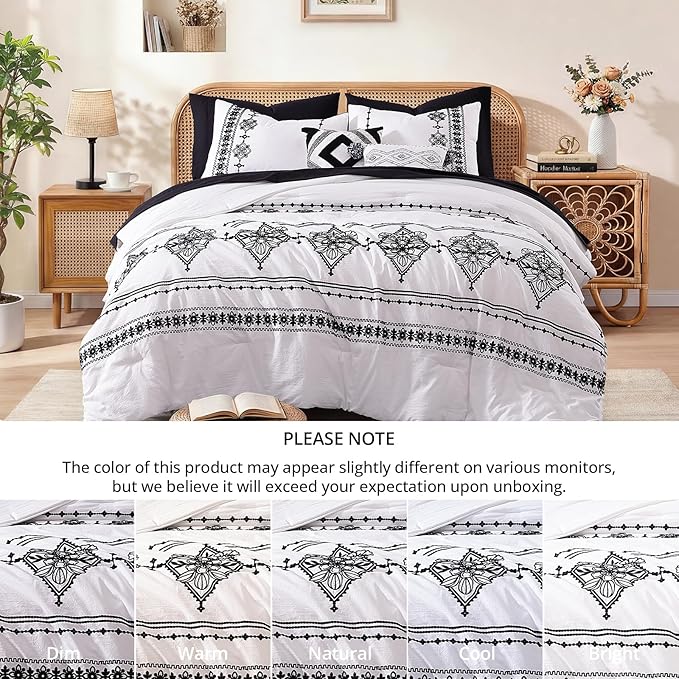 MaiRêve Full Size Comforter Set Frost White, Embroidery Floral Western Boho Bedding Set, All Season 7 Pieces Bed in a Bag with Sheets, Pillowcases & Shams