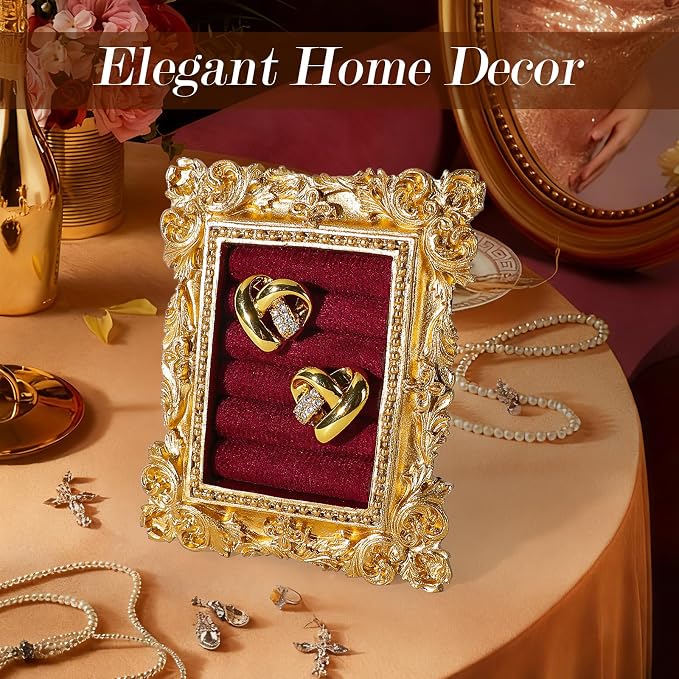 Vintage Ring Holder Rectangle Gold Velvet Display Stand - Baroque Jewelry Organizer Box Tray for Wedding Engagement Anniversary Women Birthday Christmas Gift Photograph Prop (MPF05-Gold Red) - Image 7