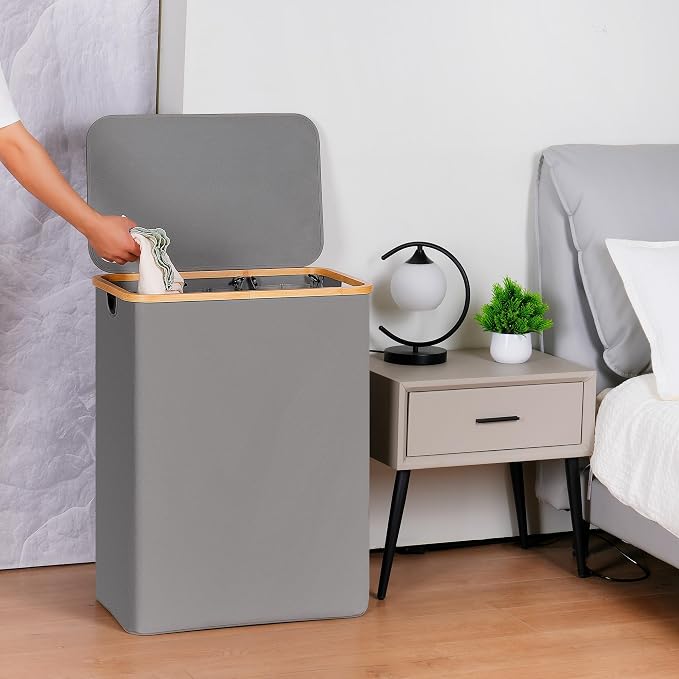 efluky Laundry Hamper with Lid, Trio Laundry Hamper with 3 Removable Bags, 3 Section Laundry Basket with Bamboo Handles for Bathroom, Bedroom & Laundry Room, 160L Silver Grey - Image 6