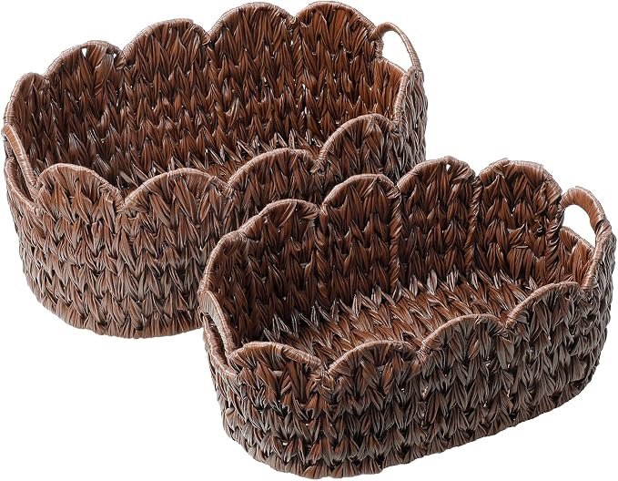Coeusy Wicker Scalloped Basket Set of 2,Woven Storage Baskets for Shelves,Closet,Laundry,Gift,Towels,Books,Toys,Waterproof Cute Decor Basket for Organizing,Brown - Image 9