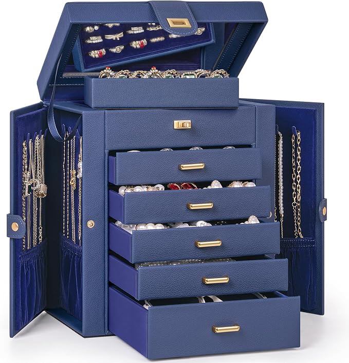 AKOZLIN 6-Tier Jewelry Box Organizer Functional 5 Drawers Leather Jewelry Storage Case for Women Girls Ring Necklace Earring Bracelet Holder Organizer with Mirror Blue - Image 8