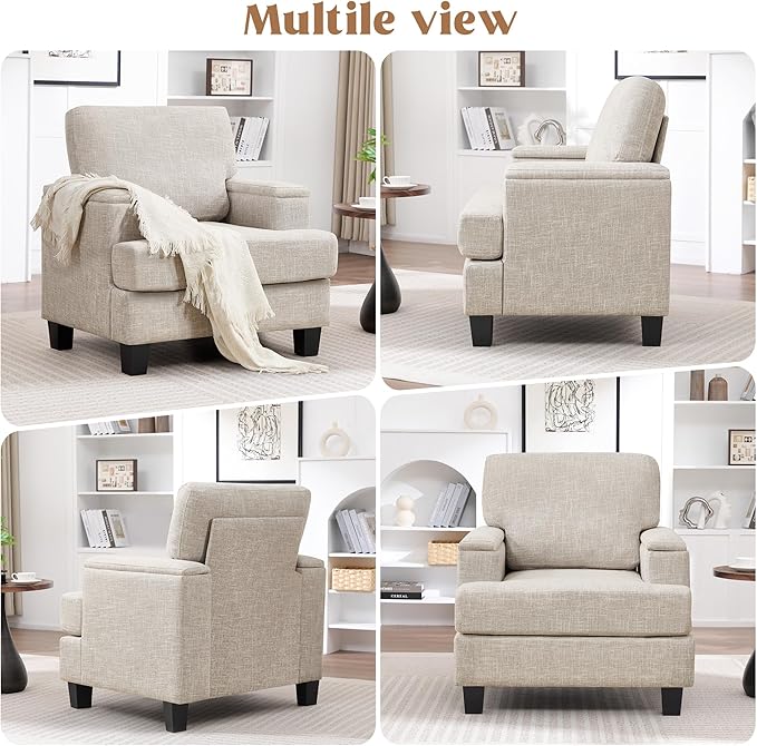 Beige Accent Chair with Armrest Storage, Modern Upholstered Reading Living Room Chairs, Comfy Large Armchair, Fabric Single Sofa Chair for Bedroom