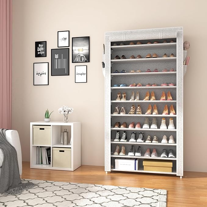 ROJASOP 10 Tier Shoe Rack with Covers Large Capacity Stackable Tall Shoe Shelf Storage for 50-55 Pairs Shoe and Boot, Sturdy Free Standing Shoe Rack Organizer for Closet, Entryway, Bedroom, Printing - Image 8