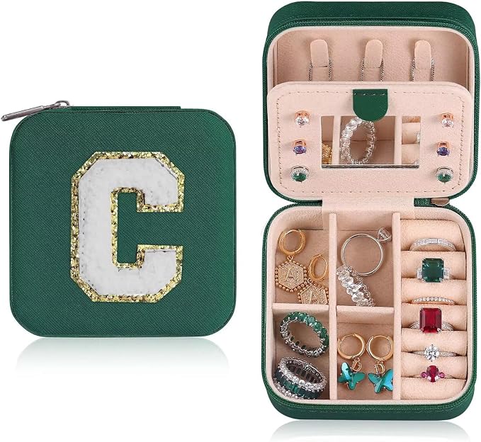 ETHOON Jewelry Travel Case Small Organizer Stocking Box Personalized Gifts Teenage Jewelry Accessories Holiday Christmas Gift for Women Green, Letter C by ETHOON