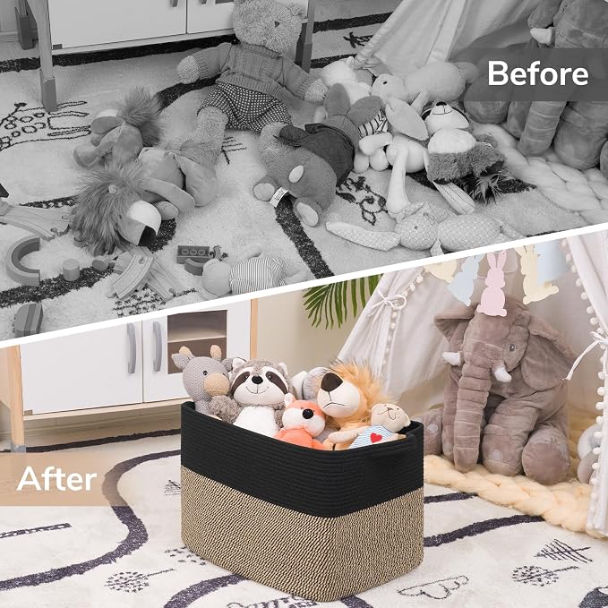 Goodpick Large Woven Basket 18" x 14" x 12" Cotton Rope Storage Baskets for Organizing, Rectangle Wicker Laundry Basket with Handles, Toy Baskets for Kids, Black & Jute - Image 7