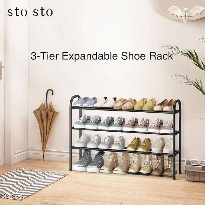STO STO Expandable Shoe Rack, 3-Tier Metal Small Shoe Rack for Closet, Up to 16 Pairs Adjustable Shoes Racks Storage for Front Door Entrance, Free Standing Shoes Rack Organizer for Entryway, Black - Image 6
