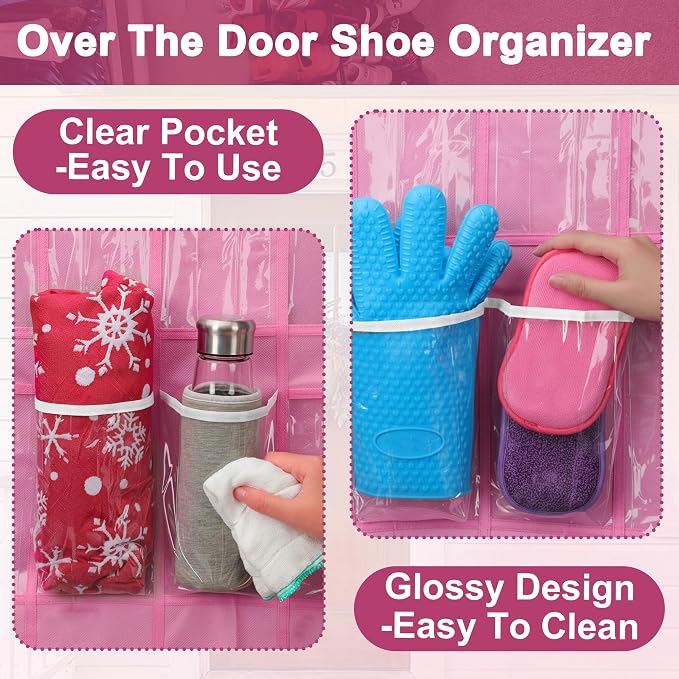 Over-the-Door Kids Shoe Organizer, Pink Shoe Rack for Door, 24 Crystal Clear Pockets, Heavy-Duty Hanging Organizer, 3 Metal Hooks for Toddler Shoes - Image 7