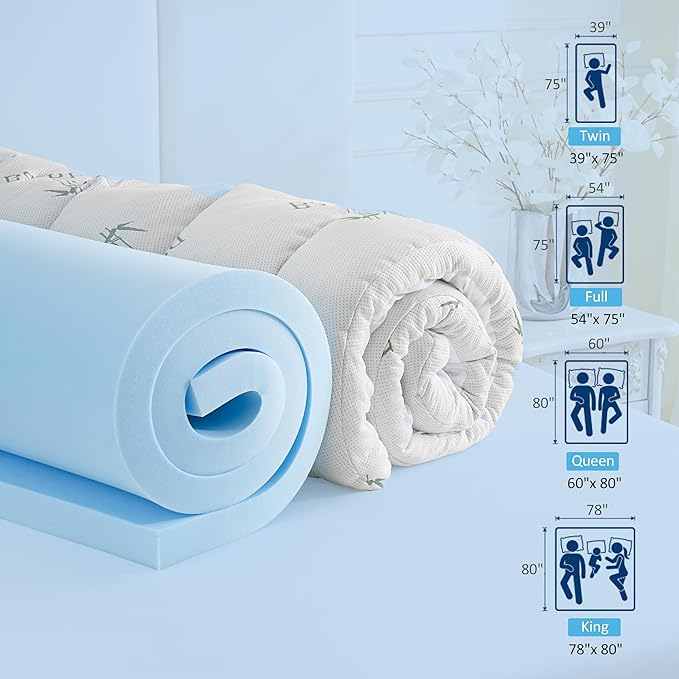 DOWNCOOL Dual Layer 4 Inch Memory Foam Mattress Topper Queen – 2 Inch Gel Memory Foam & 2 Inch Pillow Top Mattress Pad, Soft & Breathable Viscose Made from Bamboo, for Back Pain Relief
