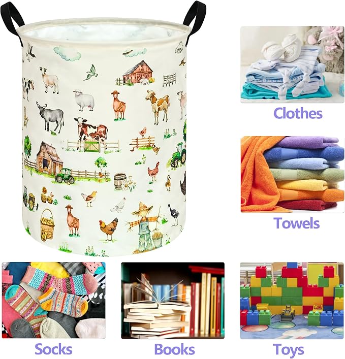 Collapsible Kids Laundry Basket Clothes Hamper, Foldable Storage Organizer Bin, Toy Clothes Storage with Handles for Boys Girls Bedroom, Room Decor Farm - Image 7