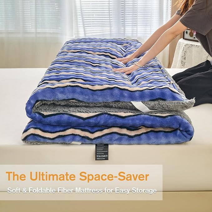 Twin Mattress Pad 39 x 75 inches, Warm Thicken Velvet Mattress Topper Twin Protector with 4 Elastic Band, Suitable for Mattresses up to 15 inches Thick Washable, Blue W Stripes