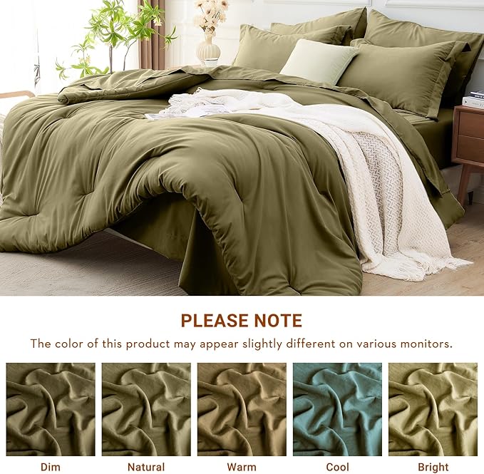 MUXHOMO 5 Pieces Twin Comforter Set, Soft Bed in a Bag Twin Size, All Season Bedding Set with Comforter, Flat Sheet, Fitted Sheet, Pillowcases & Shams, Olive Green
