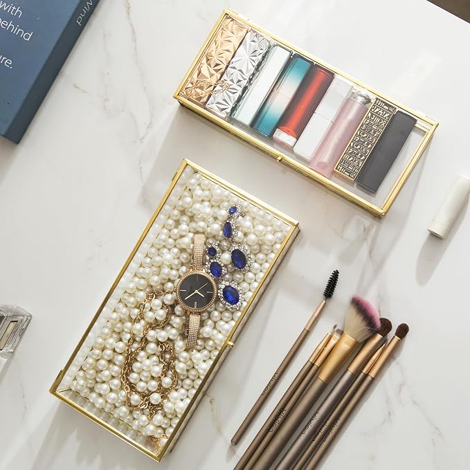Glass Jewelry Box Set, 2pcs Vintage Rectangle Gold Keepsake Boxes Lipstick Organizer Box Vanity Lidded Box Home Decor Accent Decorative Box for Storage Trinket Rings Bracelet1 - Image 7
