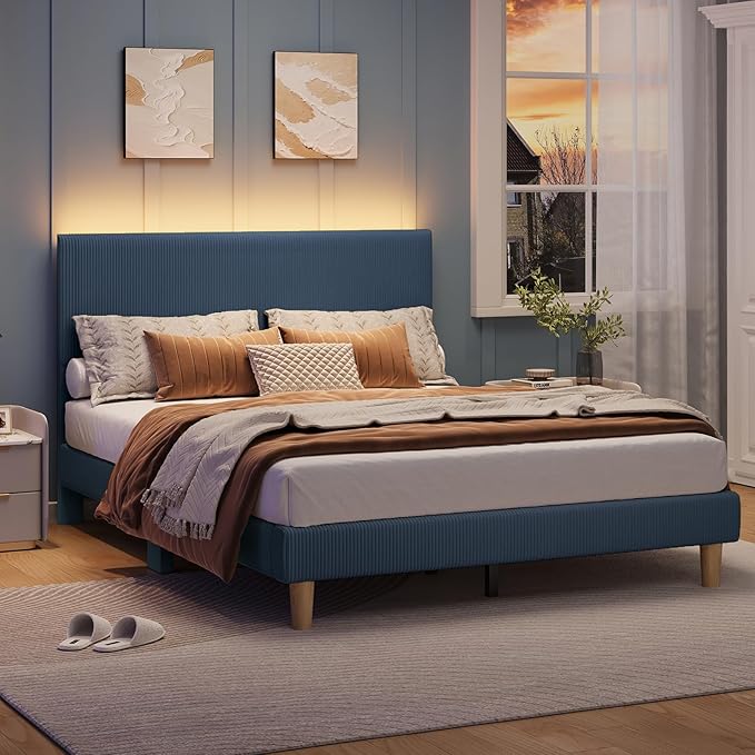 Bestier Full Bed Frame with Adjustable Headboard, LED Lighting, Vertical Channel Tufted Corduroy Upholstered, Solid Wooden Slats Support, No Box Spring Needed, Never Squeaks, Easy Assembly,Blue