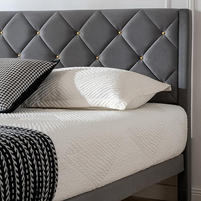 Full Bed Frame with Headboard, Bed Frame Full Size with Sturdy Wooden Slats Support, Platform Frame with Velvet Upholstered Headboard, Mattress Foundation, Easy Assembly, No Box Spring Needed grey