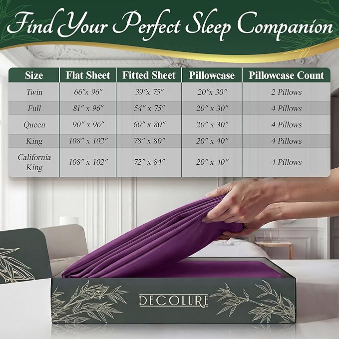 DECOLURE 100% Viscose Derived from Bamboo Sheets King Size - Luxury 6 Pc Naturally Cooling Sheets, Ultra Soft Bed Set - Deep 17" Pockets, Durable Double Stitching, Oeko Tex Standard (Purple)