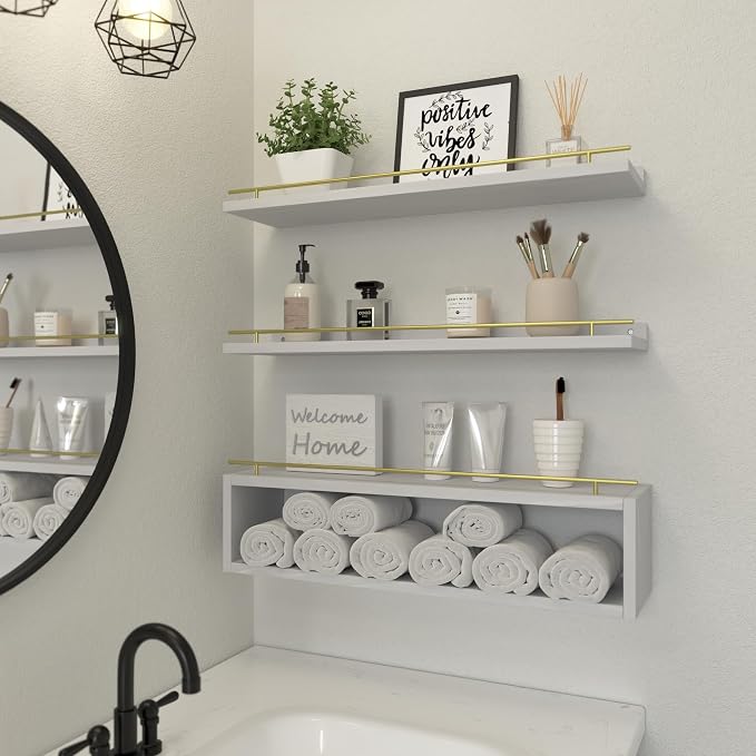 WOPITUES Floating Shelves for Wall 24 inch with Cube Shelf, Wall Shelves with Metal Rail for Decor, Bathroom Organizers and Storage, Over Toilet Shelves for Bathroom, Toilet Paper-White&Gold - Image 6