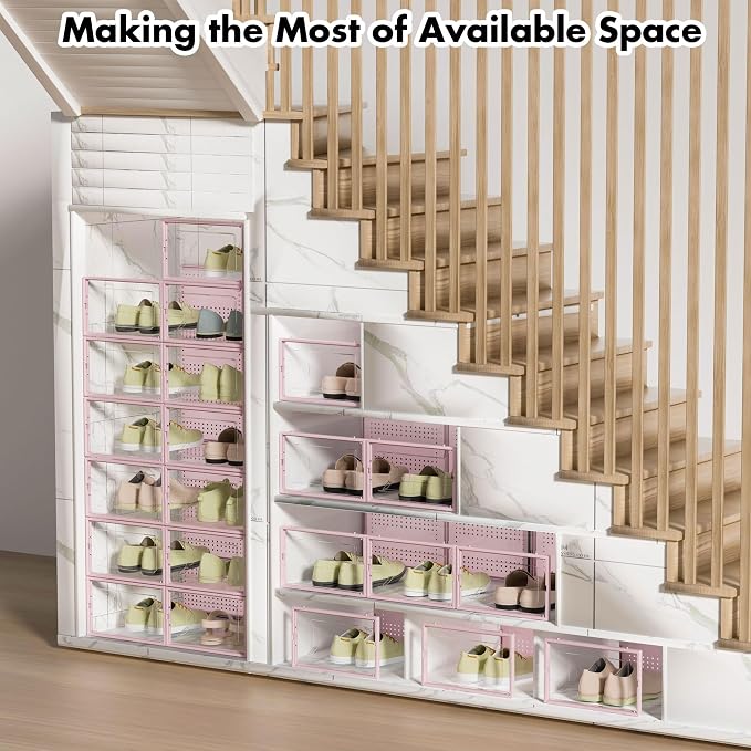 Foluck Shoe Storage Box, 15 Pack Clear Plastic Stackable Shoe Organizer for Closet, Interlocking Design Shoe Container Bins for Sneakers, Foldable Shoe Rack with Lids, Pink - Image 7
