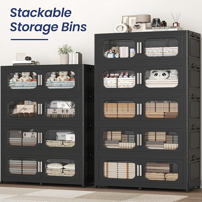200Gal Extra Large Stackable Storage Bins with Lid & Wheels & Doors, 200QT/50GAL 4-Tiers Collapsible Closet Organizers Plastic Containers Drawers Boxes for Home Kitchen Bedroom, Black