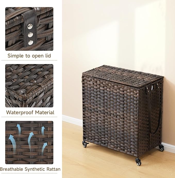 Laundry Hamper with Wheels, 39.6 Gallon(150L) Rolling Laundry Basket with Lid, 3-Section Rattan Clothes Hamper with 3 Removable Liner & 3 Mesh Bags, Laundry Sorter with Side Pocket, Brown - Image 8